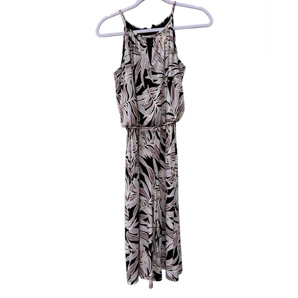 ROZ & ALI boho Crop jumpsuit beige cream black Sz Xs zip back elastic tie waist
